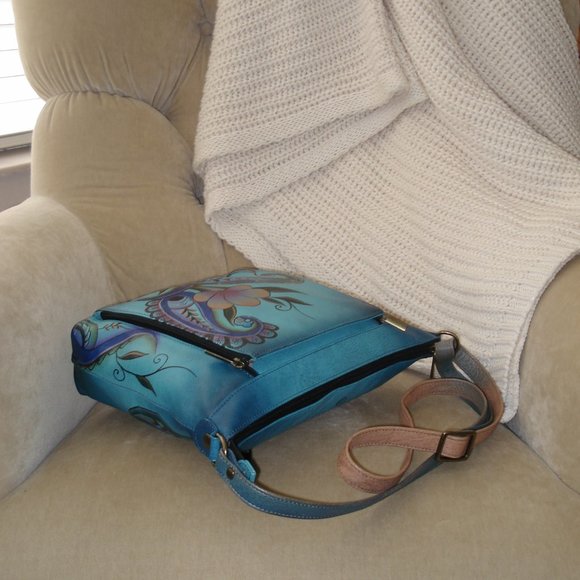 Auth. ANNA By ANUSCHKA LTD Hand Painted Floral Hobo Shoulder Crossbody Bag - Picture 3 of 7